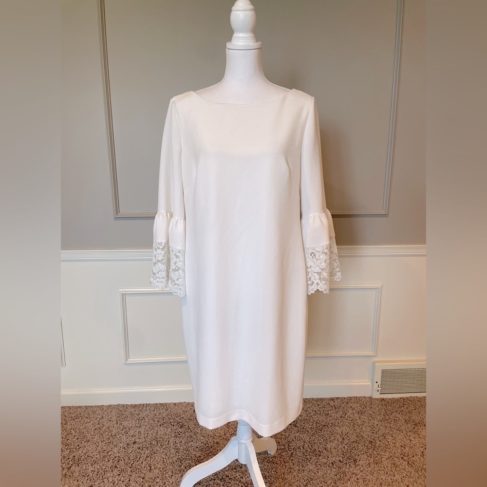 New Jessica Howard 14 Ivory knee length dress shift sheath lace long sleeve